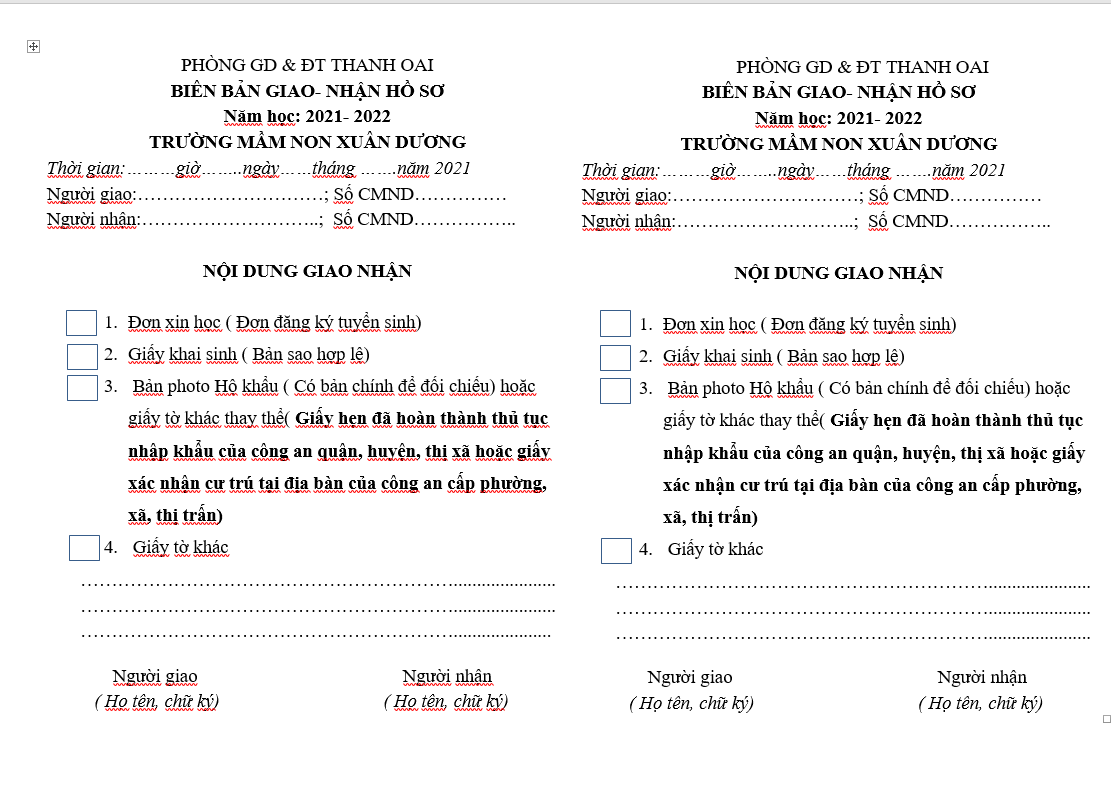 Biên bản giao nhận hồ sơ