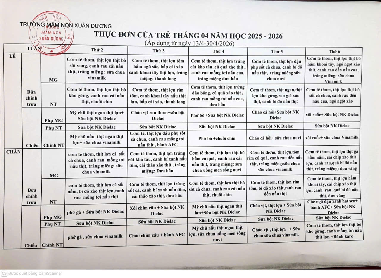 Công khai thực đơn của trẻ tháng 4/2026