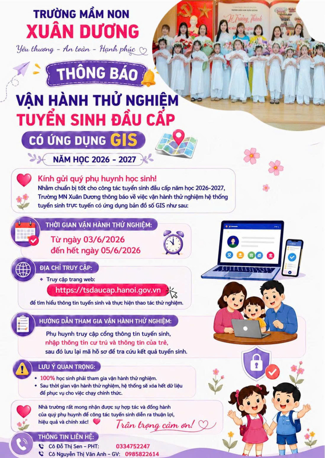 THÔNG BÁO VẬN HÀNH THỬ NGHIỆM HỆ THỐNG TUYỂN SINH ĐẦU CẤP